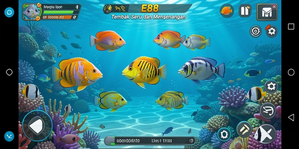 Tangkapan layar gameplay E88 yang menarik saat menangkap ikan.