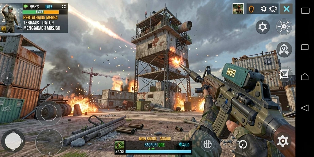 Tampilan gameplay RVIP3 menampilkan serangan menara melawan gelombang musuh.
